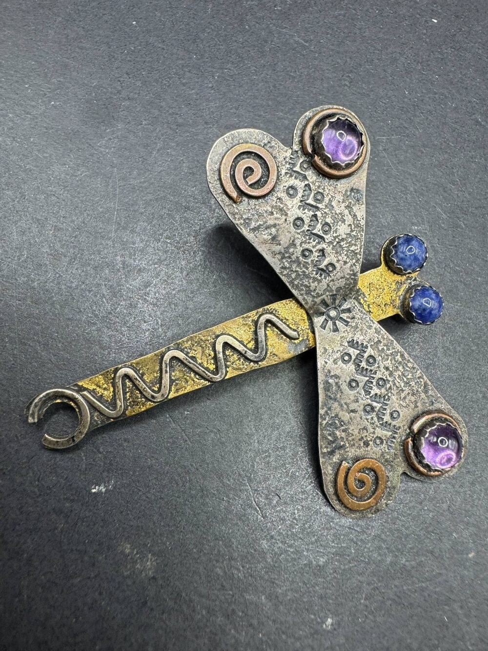 Vintage Artisan 925 Sterling Silver Dragonfly Brooch Mixed Metal Gemstone Pin